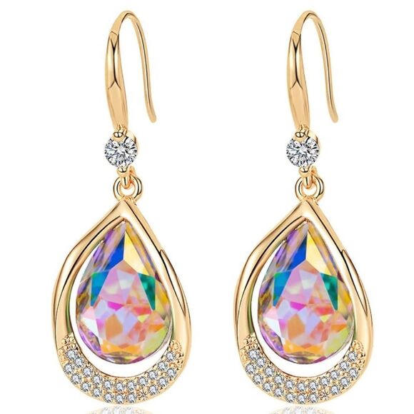 14K Yellow Gold and Iridescent AB Austrian Crystal Teardrop Halo Hook Earrings - Picture 1 of 7
